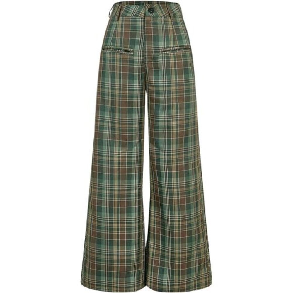 Women's Plaid Wide Leg Pants High Waisted Checkered Pants Y2K Casual